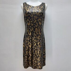 Tahari Sequin Leopard Print Dress Women's 4 Gold Black Sleeveless Sheath Midi